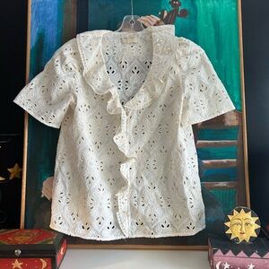 Sezane Cream Eyelet Ruffle Blouse 36
